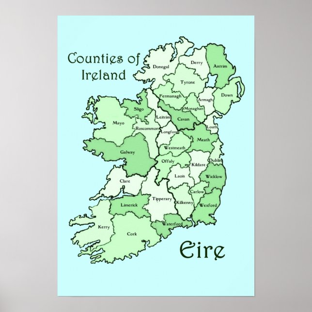 Póster Mapa dos condados da Irlanda (Frente)