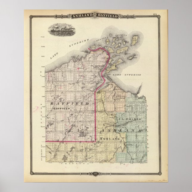 Póster Mapa dos condados de Ashland e Bayfield (Frente)