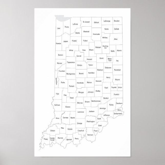 Poster Mapa dos condados de Indiana com contorno do estad (Frente)