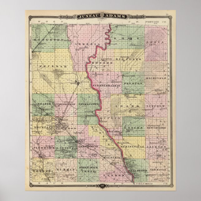 Póster Mapa dos condados de Juneau e Adams (Frente)