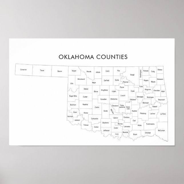 Poster Mapa dos condados de Oklahoma com nomes dos condad (Frente)