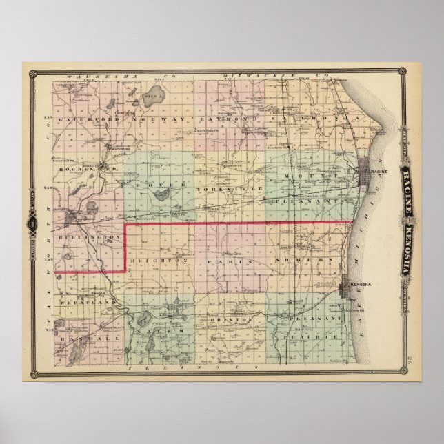 Póster Mapa dos condados Racine e Kenosha (Frente)