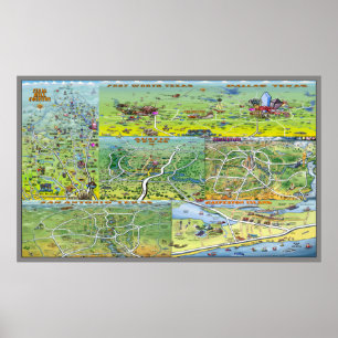 Póster Mapa dos desenhos animados das cidades de Texas