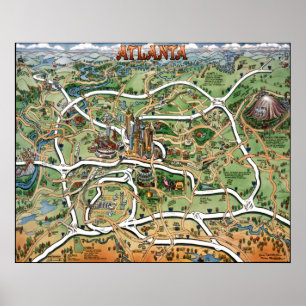 Póster Mapa dos desenhos animados de Atlanta Geórgia
