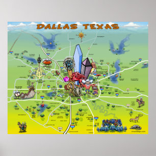 Poster Mapa dos desenhos animados de Dallas Texas