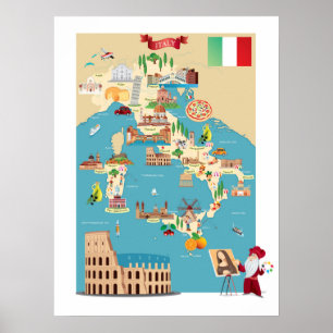 Poster Mapa dos desenhos animados de Italia