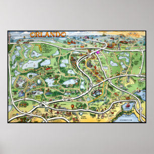Póster Mapa dos desenhos animados de Orlando Florida