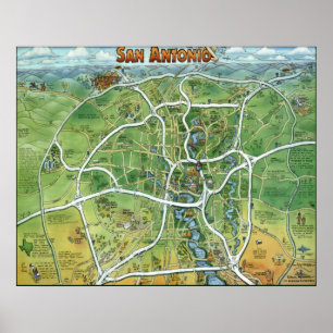 Poster Mapa dos desenhos animados de San Antonio Texas