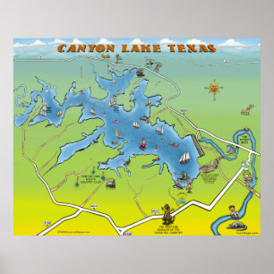Póster Mapa dos desenhos animados de Texas do lago canyon