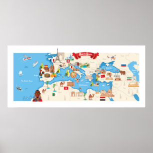 Poster Mapa dos desenhos animados do mediterrâneo