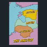 Póster Mapa dos Estados Bálticos Ilustrados com pop Art<br><div class="desc">Um mapa estilizado dos estados bálticos,  Estônia,  Letónia e Lituânia,  renderizado no estilo de quadrinhos. O mapa é traçado a preto e cheio de cores vibrantes: a Estônia é amarela,  a Letónia é verde-claro e a Lituânia é laranja. O fundo é um padrão pontilhado rosa e roxo.</div>