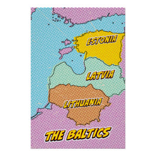 Póster Mapa dos Estados Bálticos Ilustrados com pop Art