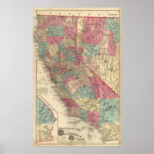 Póster Mapa dos Estados da Califórnia e do Nevada