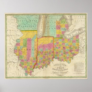 Poster Mapa dos estados de Ohio Indiana & de Illinois