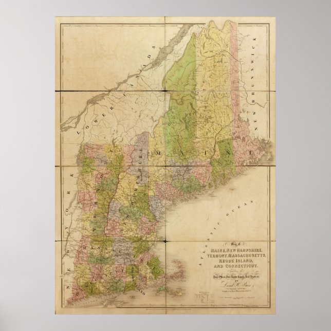 Póster Mapa dos Estados do Maine e da Nova Inglaterra par (Frente)