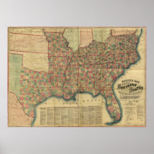 Póster Mapa dos estados sulistas da guerra civil por J.