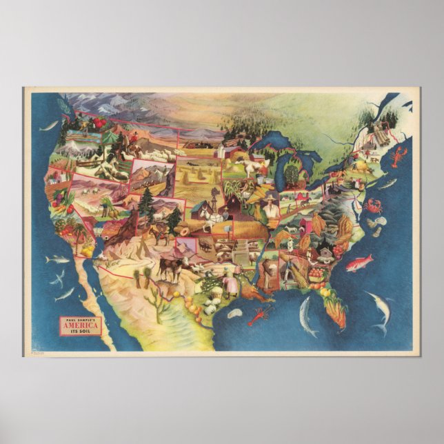 Poster Mapa dos Estados Unidos - Agricultura Americana (Frente)