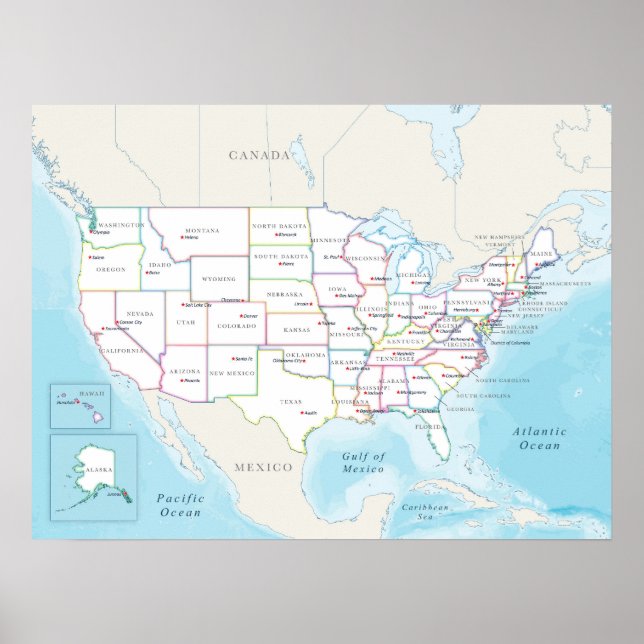 Poster Mapa dos Estados Unidos com Capitais Estaduais (Frente)