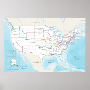 Poster Mapa dos Estados Unidos com Capitais Estaduais