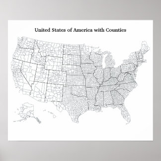 Póster Mapa dos Estados Unidos com Contornos de Condados 