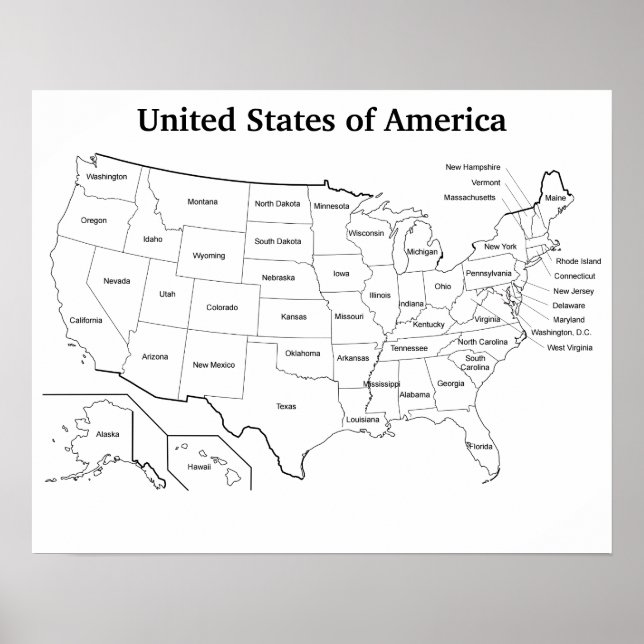 Poster Mapa dos Estados Unidos com Nomes dos Estados (Frente)