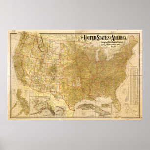 Póster Mapa dos Estados Unidos com Territórios (1901)