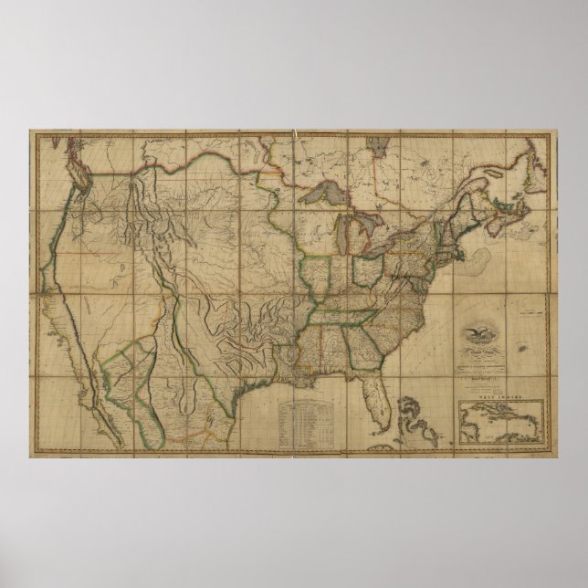 Póster Mapa dos Estados Unidos da América (1818) (Frente)