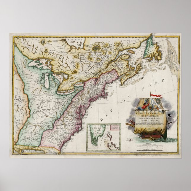 Póster Mapa dos Estados Unidos da América em 1784 (Frente)