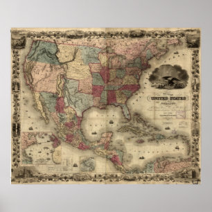 Poster Mapa dos Estados Unidos da América em 1850