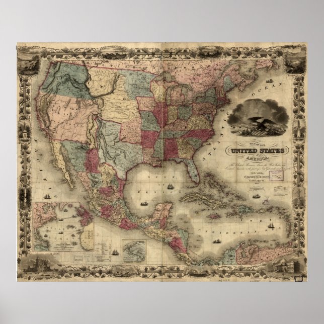 Poster Mapa dos Estados Unidos da América em 1850 (Frente)