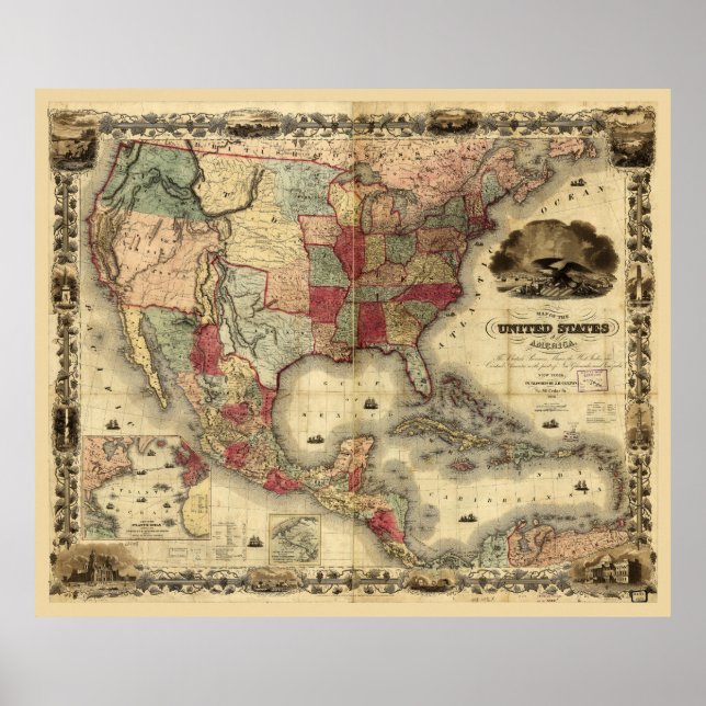 Poster Mapa dos Estados Unidos da América por G. Colton ( (Frente)