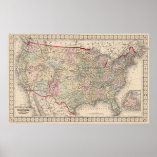 Poster Mapa dos Estados Unidos do vintage (1874)