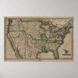 Póster Mapa dos Estados Unidos em 1823