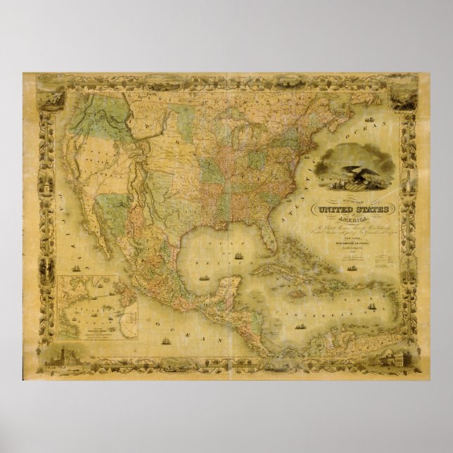 Póster Mapa dos Estados Unidos em 1849 (Frente)