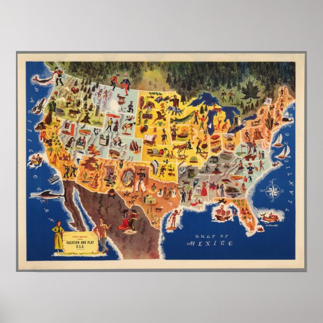 Poster Mapa dos Estados Unidos - Férias e Jogar (Frente)