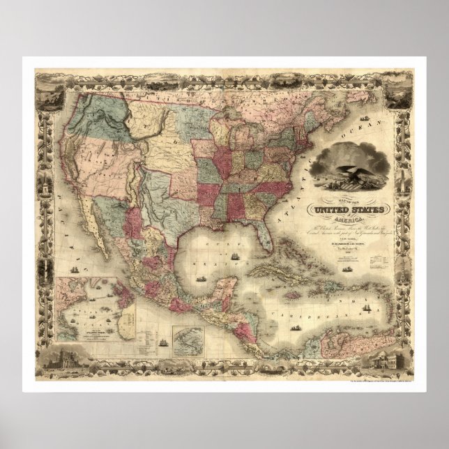 Póster Mapa dos Estados Unidos por Colton 1850 (Frente)