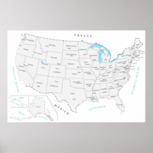 Poster Mapa dos EUA com Capitais Estaduais dos Estados Un