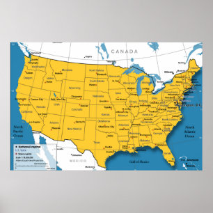 Poster Mapa dos EUA com Nomes de Estado e Capitais