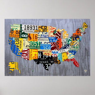 Póster Mapa dos EUA - edição da matrícula do carro do
