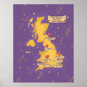 Poster Mapa Dos Lugares Mais Assombrados Do Reino Unido.
