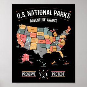 Poster Mapa dos Parques Nacionais dos EUA Preservar Prote