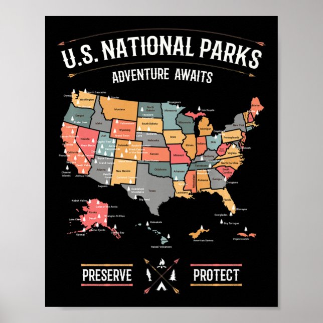 Poster Mapa dos Parques Nacionais dos EUA Preservar Prote (Frente)