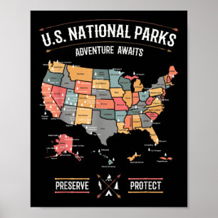 Poster Mapa dos Parques Nacionais dos EUA Preservar Prote
