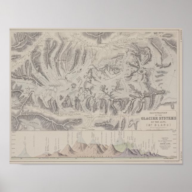 Póster Mapa dos Sistemas Glaciares dos Alpes (Frente)