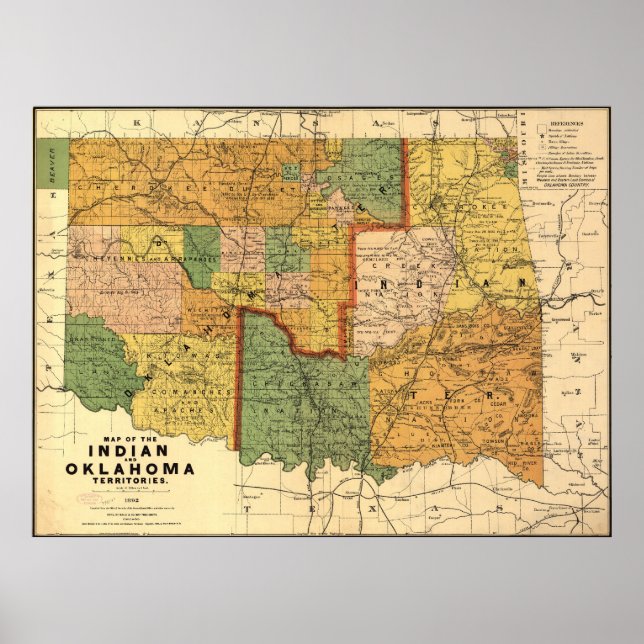 Póster Mapa dos Territórios Indianos e de Oklahoma em 189 (Frente)