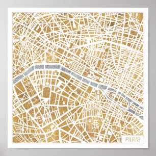 Póster Mapa dourado da cidade de Paris