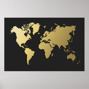 Poster Mapa Dourado do mundo em Black Chevron
