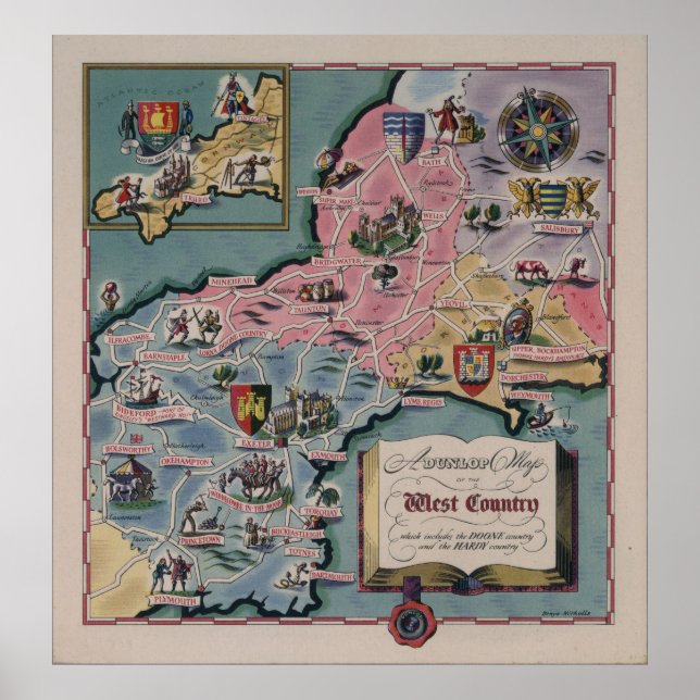 Poster Mapa Dunlop do País Ocidental, Inglaterra (Frente)