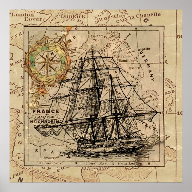 Póster Mapa e navio antigo do General France (Frente)