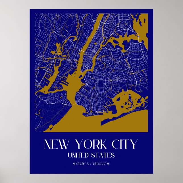 Poster Mapa Elegante de Nova Iorque - Azul e Dourado Urba (Frente)